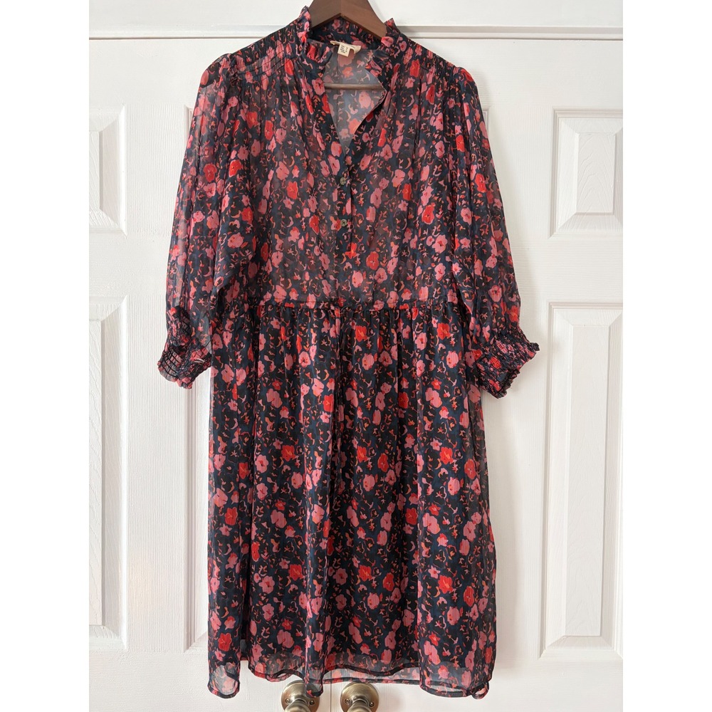 THE Korner Floral Chiffon Ruffle Neck Mini Dress Red Pink Navy Size S 9229151